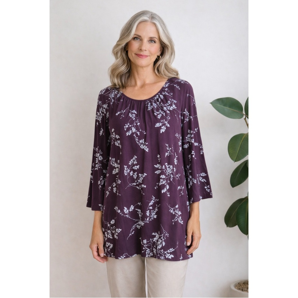 J.Jill Wearever Collection Dark Purple Wine Floral 3/4 Sleeve Stretchy Top Sz M